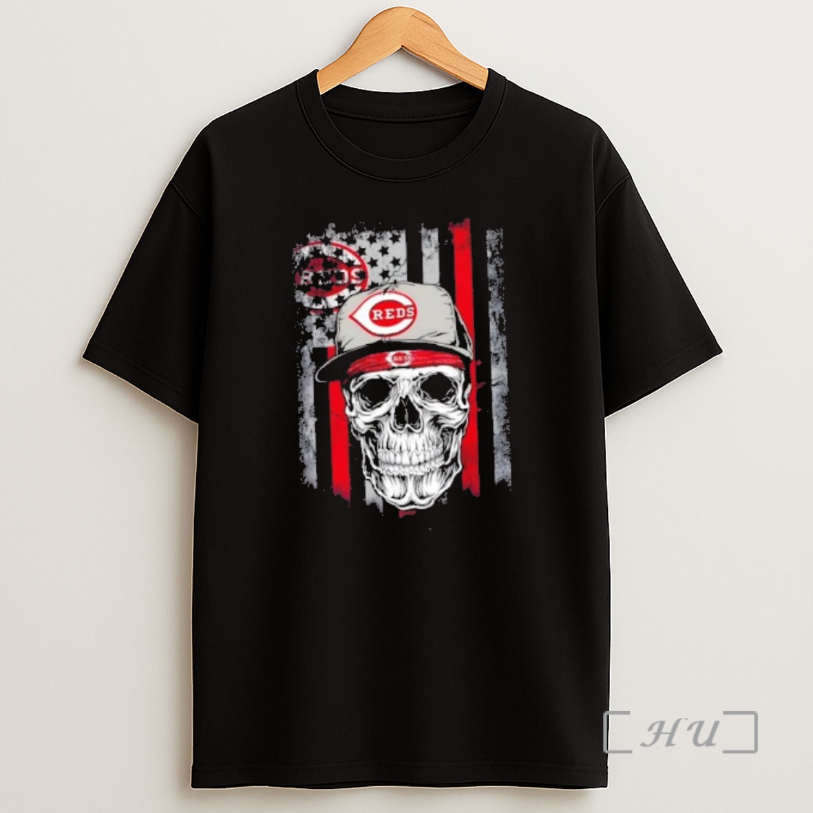 Officials Skull Wearing A Cap Cincinnati Reds Us Flag Shirt Sweatshirt Tee