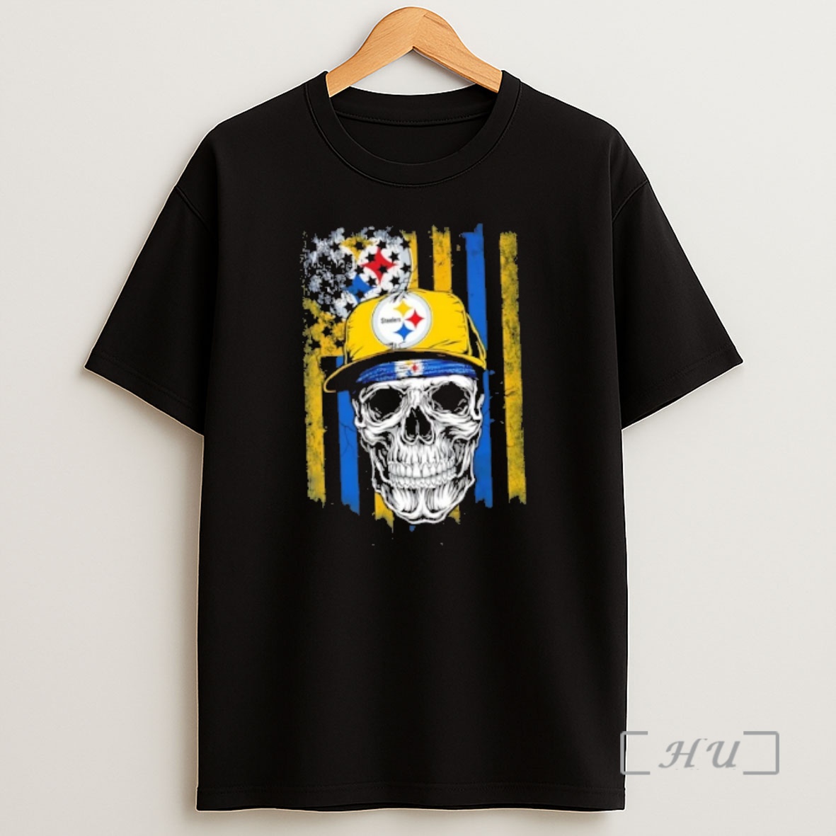 Officials Skull Wearing A Cap Pittsburgh Steelers Us Flag Shirt Sweatshirt Tee