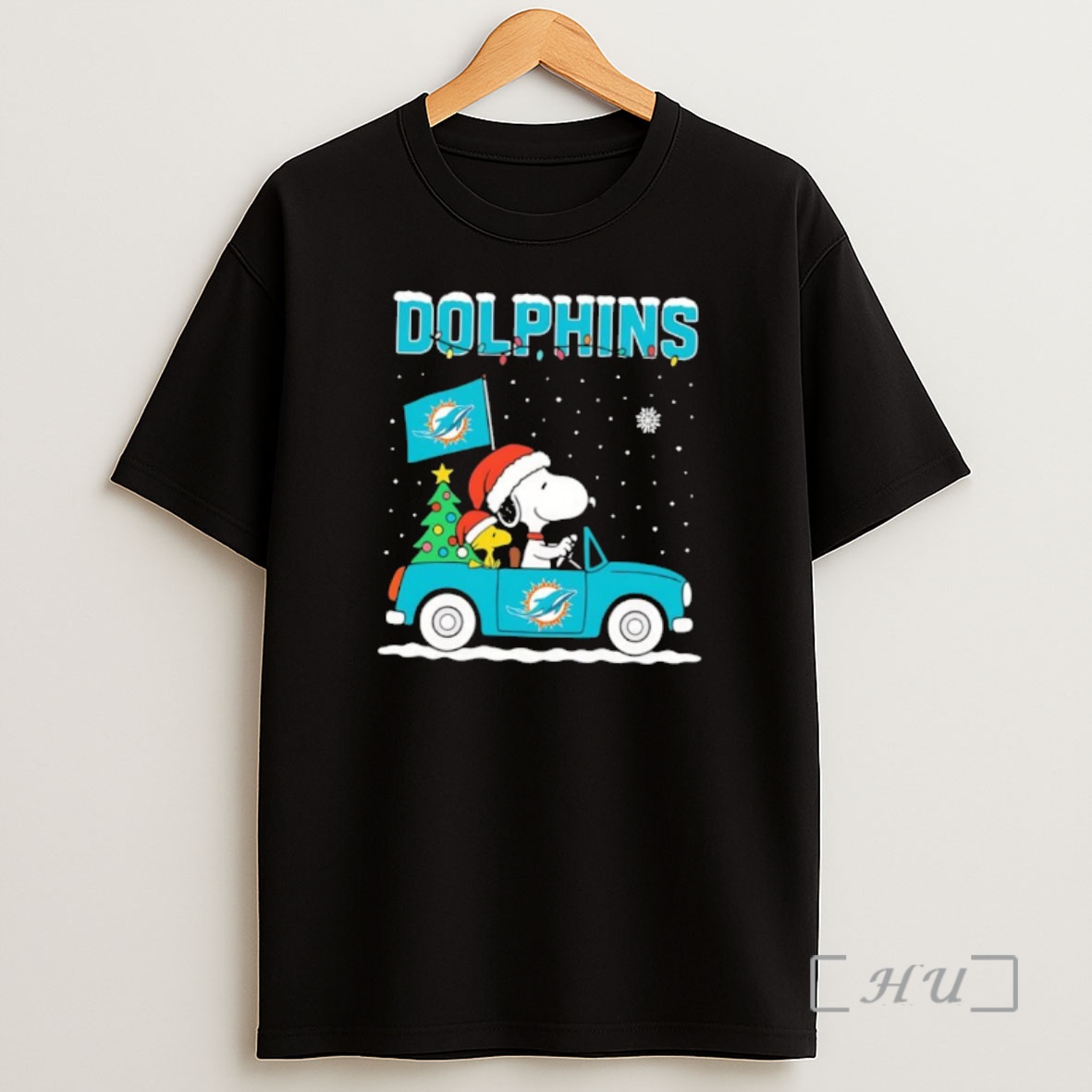 Officials Snoopy And Woodstock Santa Christmas Miami Dolphins On By Car Premium Shirt Sweatshirt Tee