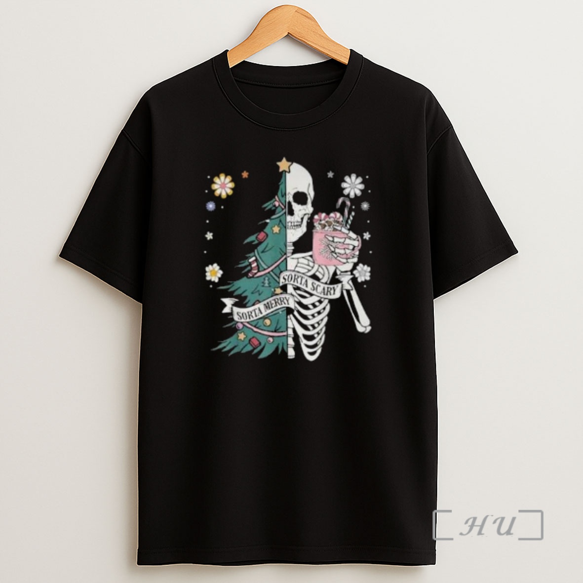 Officials Sorta Scary Merry Sorta Christmas Skeleton Tree Santa Circle Black Premium Shirt Sweatshirt Tee