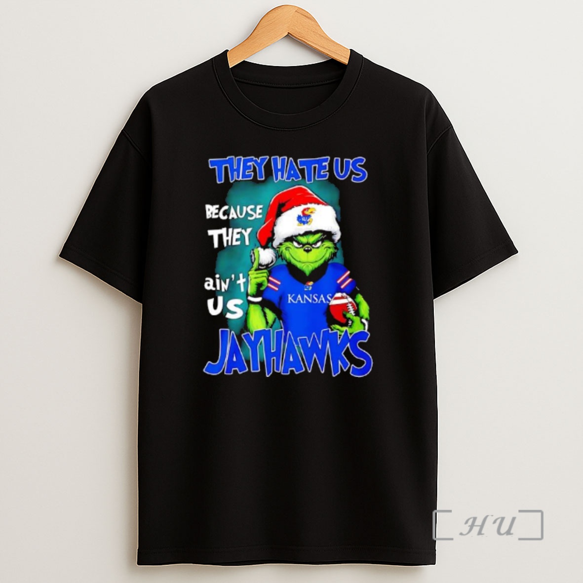 Officials They Hate Us Because They Aint Us Kansas Jayhawks Grinch Wearing Santa Hat Shirt Sweatshirt Tee