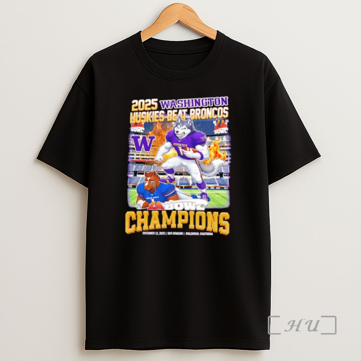 Officials Washington Huskies Beat Broncos 2025 La Bowl Champions Mascot Shirt Sweatshirt Tee