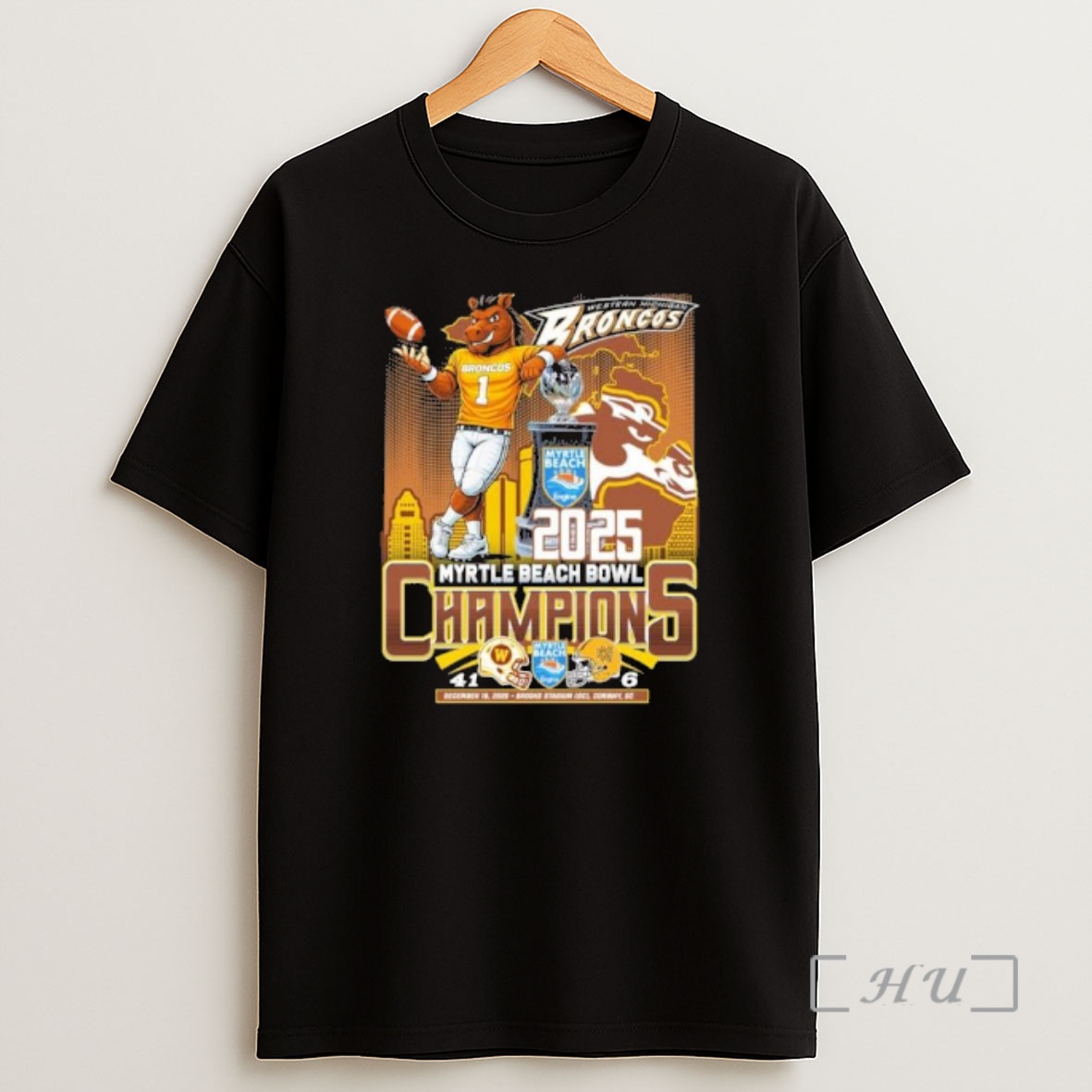 Officials Western Michigan Broncos Mascot 2025 Myrtle Beach Bowl Champions Score Shirt Sweatshirt Tee