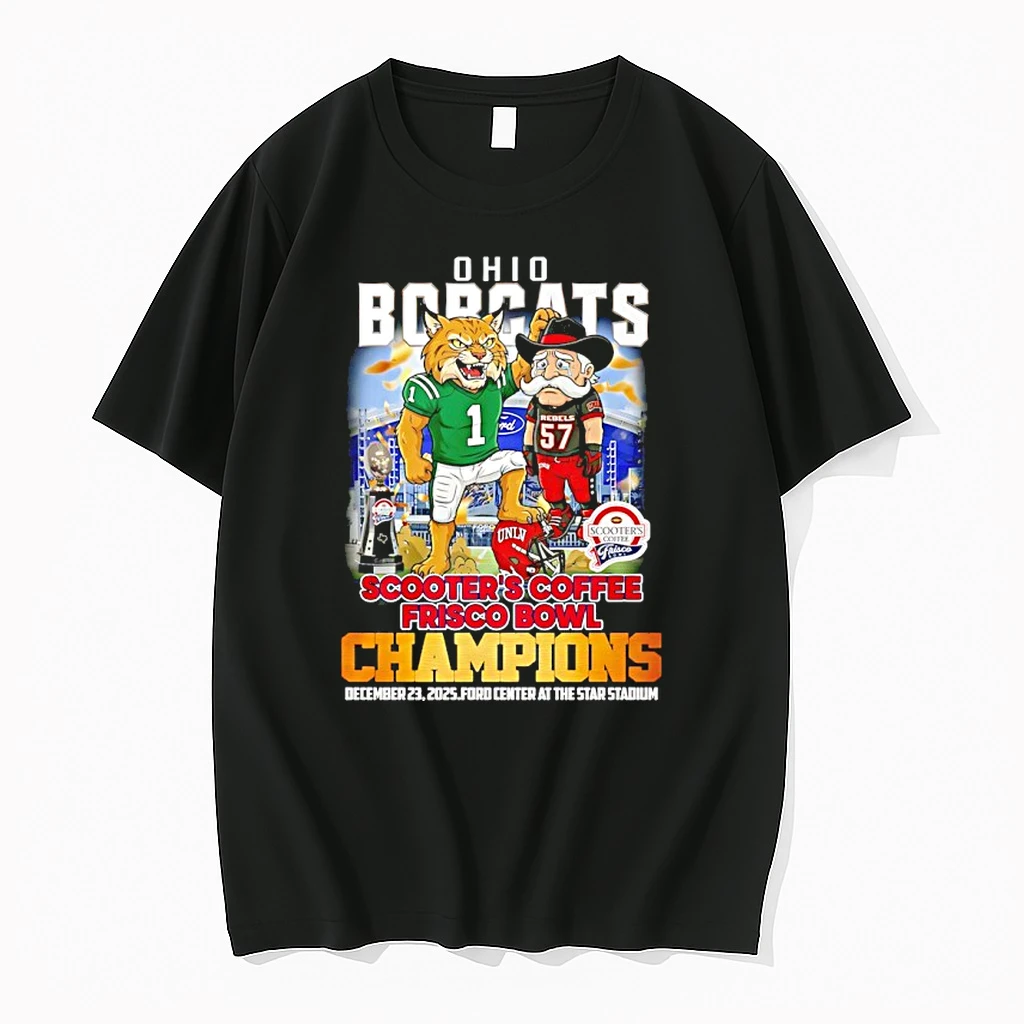 Ohio Bobcats 2025 Scooters Coffee Frisco Bowl Champions Mascot Shirts