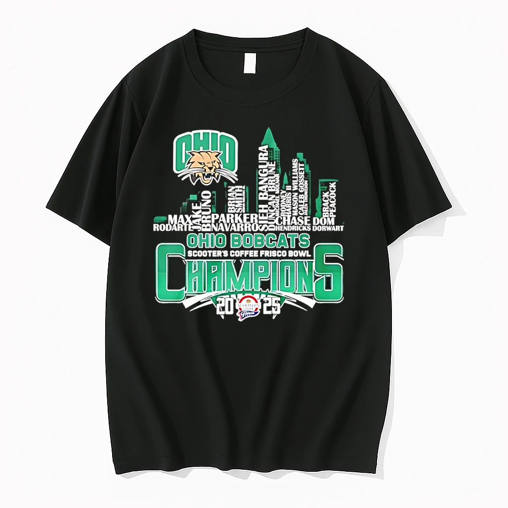 Ohio Bobcats 2025 Scooters Coffee Frisco Bowl Champions Player Names City Skyline Shirts