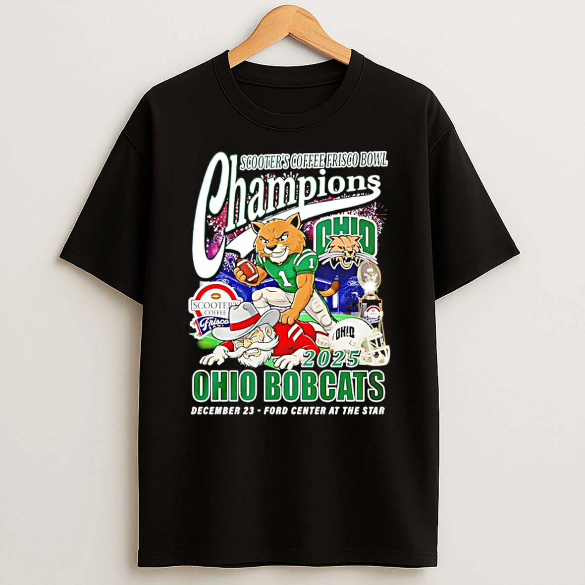 Ohio Bobcats Scooters Coffee Frisco Bowl Champions 2025 Mascot Shirts