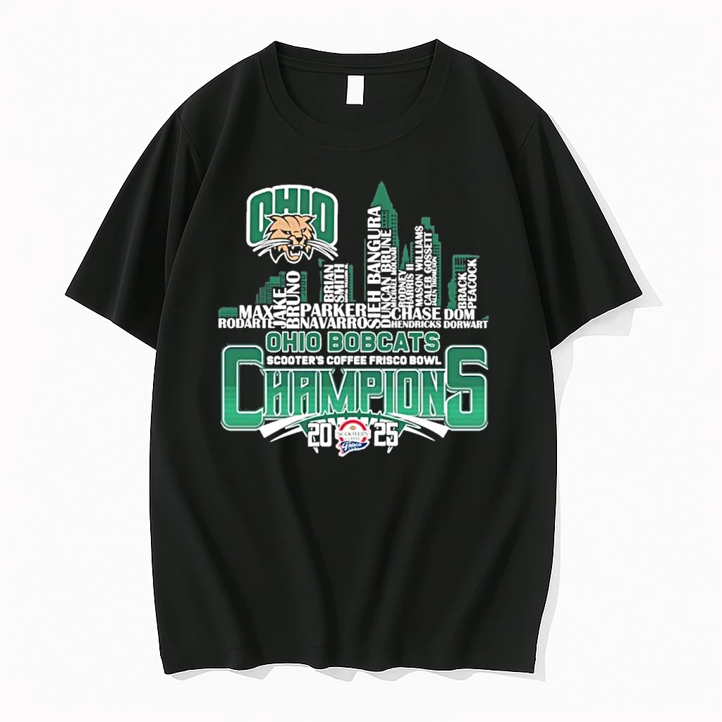 Ohio Bobcats Skyline Player Name 2025 Frisco Bowl Champions Shirts