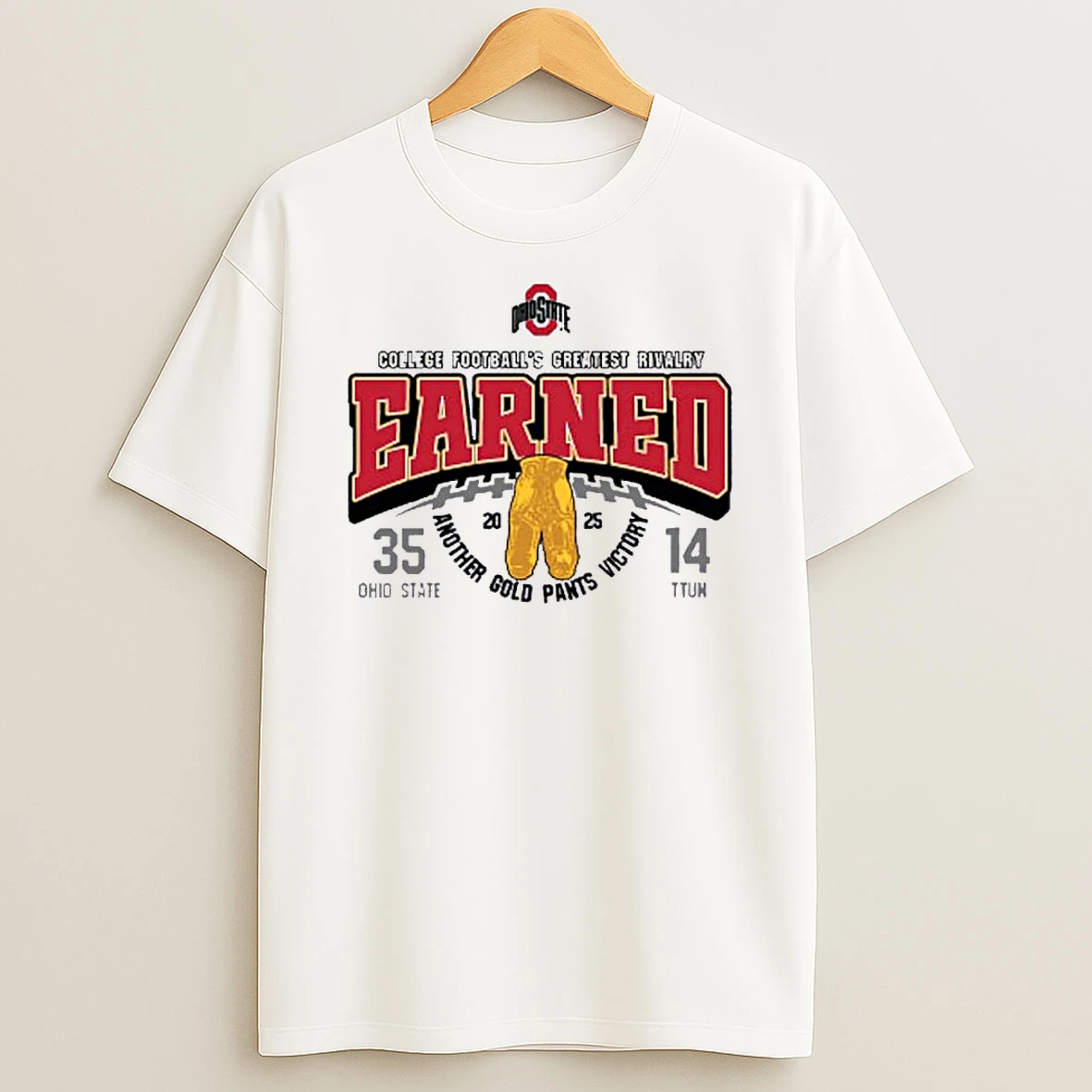 Ohio State Buckeyes 2025 Earned Gold Pants Victory 35 14 Ttun Shirts