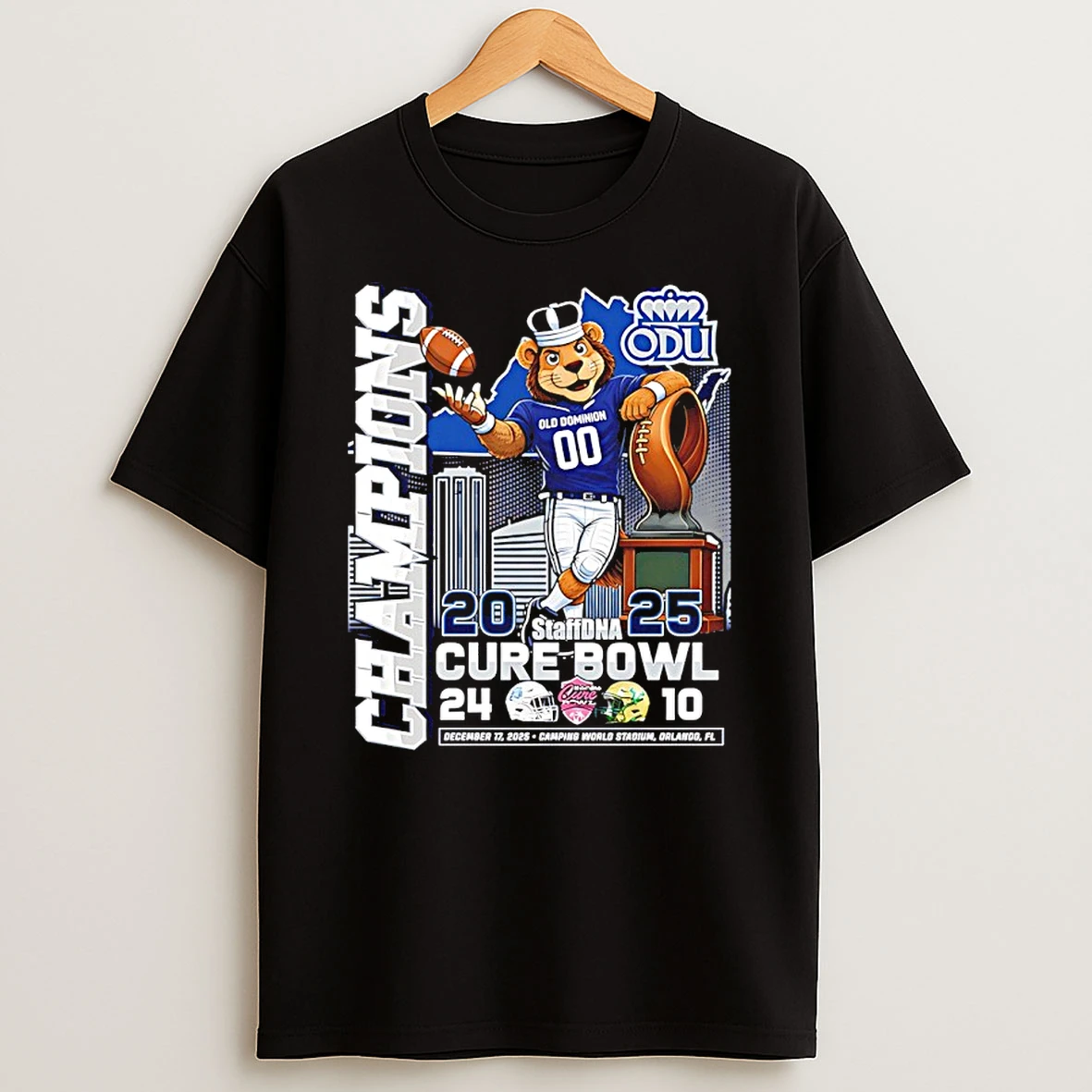 Old Dominion Monarchs 2025 Staffdna Cure Bowl Champions Mascot Shirts