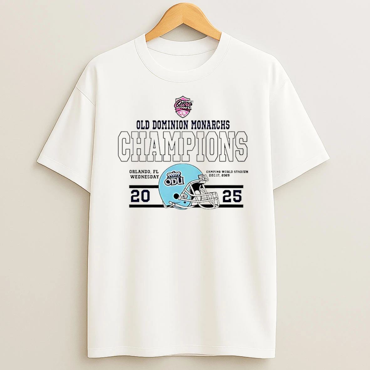 Old Dominion Monarchs Football 2025 Cure Bowl Champions Helmet Shirts