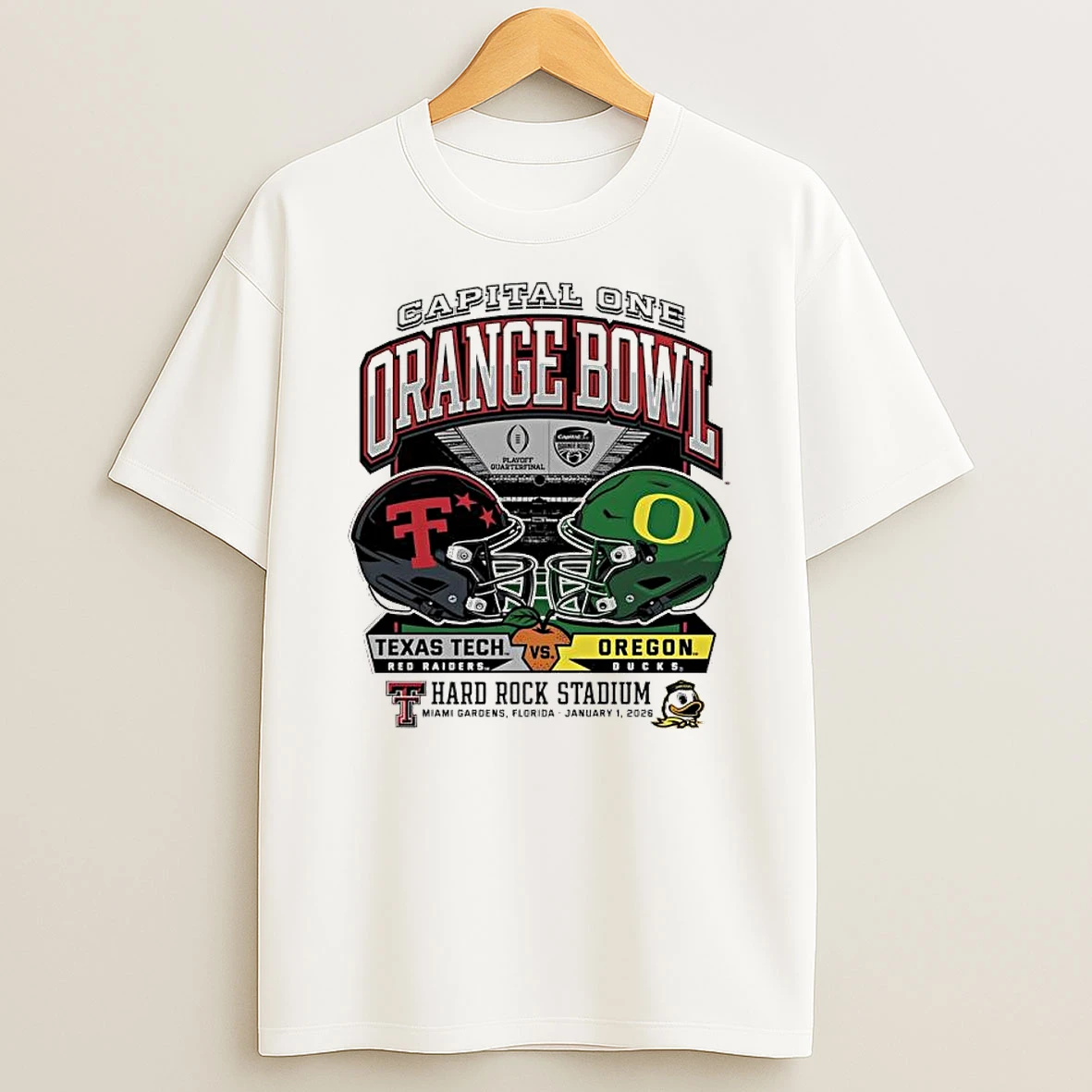 Oregon Vs Texas Tech 2025 Orange Bowl Hard Rock Stadium Helmet Shirts