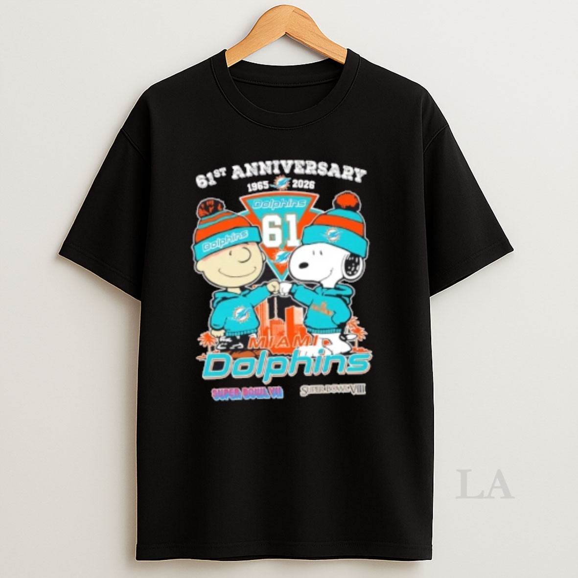 Original Charlie Brown And Snoopy 61st Anniversary 1965 2026 Miami Dolphins Football Skyline Shirt