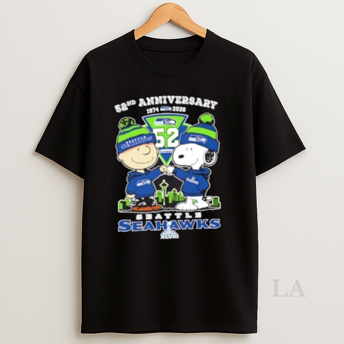 Original Charlie Brown And Snoopy Super Bowl 52nd Anniversary 1974 2026 Seattle Seahawks Football Skyline Shirt