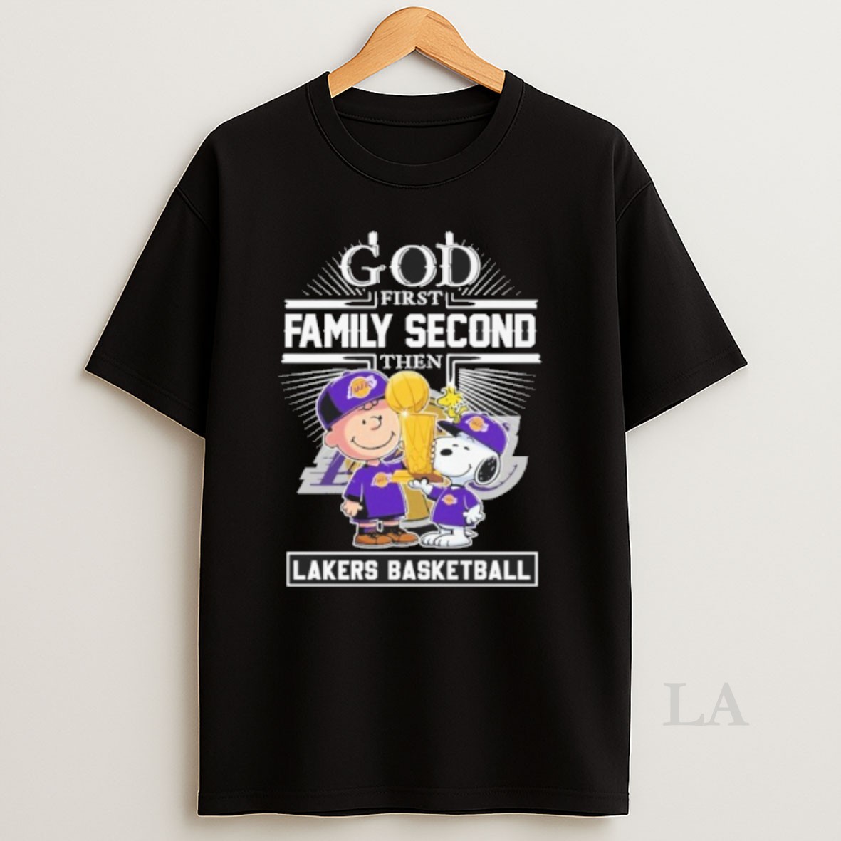 Original God First Family Second Then Peanuts Lakers Basketball Shirt