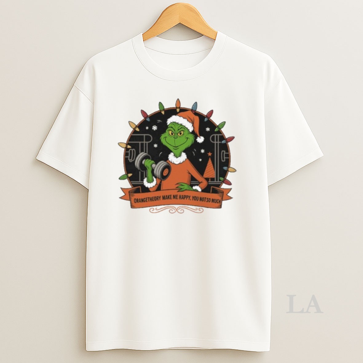 Original Grinch Santa Orange Theory Make Me Happy You Not So Much Christmas Lights Shirt