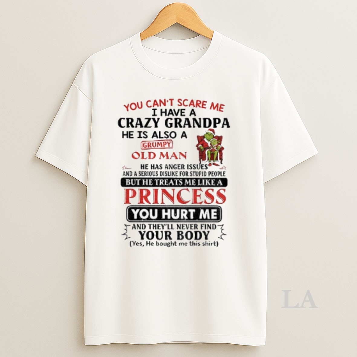 Original Grinch Couple Santa You Cant Scare Me I Have A Crazy Grandpa He Is Also A Grumpy Old Man Merry Christmas Shirt