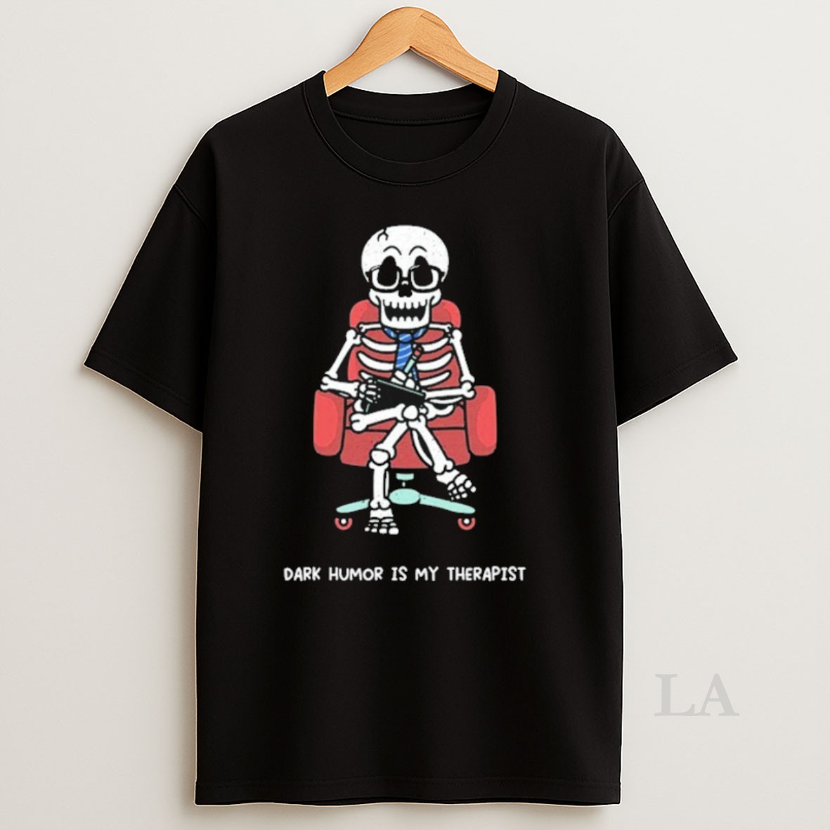 Original Mandatoryfunday Dark Humor Is My Therapist Skeleton Sofa Shirt