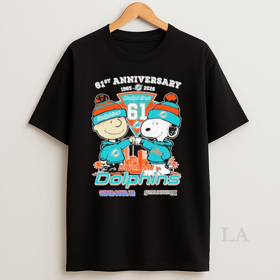 Original Snoopy And Charlie Brown The Peanuts Miami Dolphins 61th Anniversary 1965 2026 Super Bowl Shirt