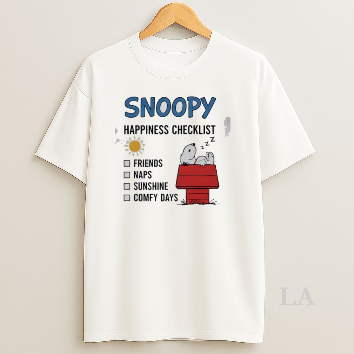 Original Snoopy Happiness Checklist Friends Naps Sunshine And Comfy Days Shirt