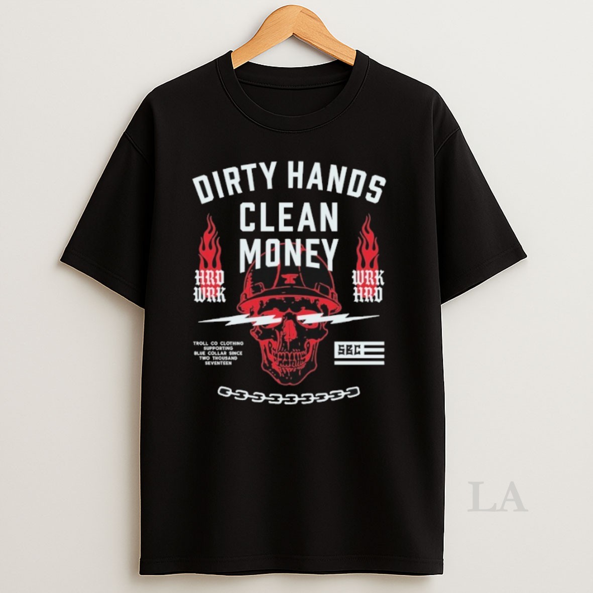 Original Troll Co Dirty Hands Clean Money Firebolt Skull Shirt