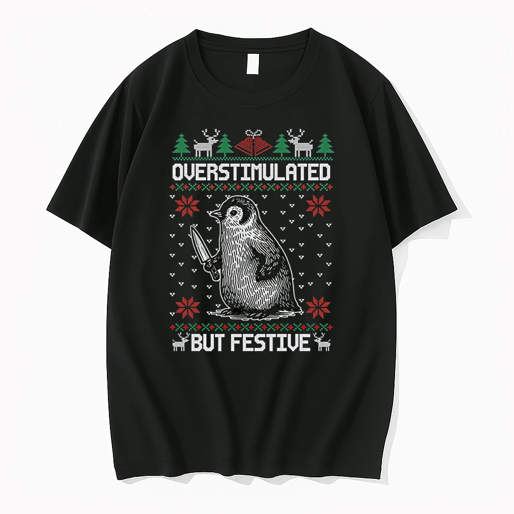 Overstimulated But Festive Penguin Christmas Xmas Pajama Shirts