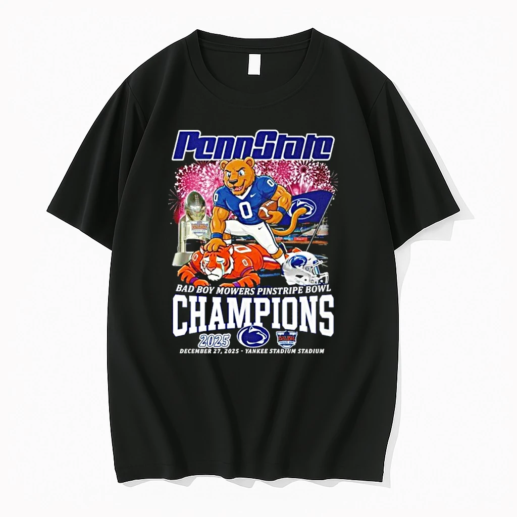 Penn State 2025 Bad Boy Mowers Pinstripe Bowl Champions Mascot Shirts