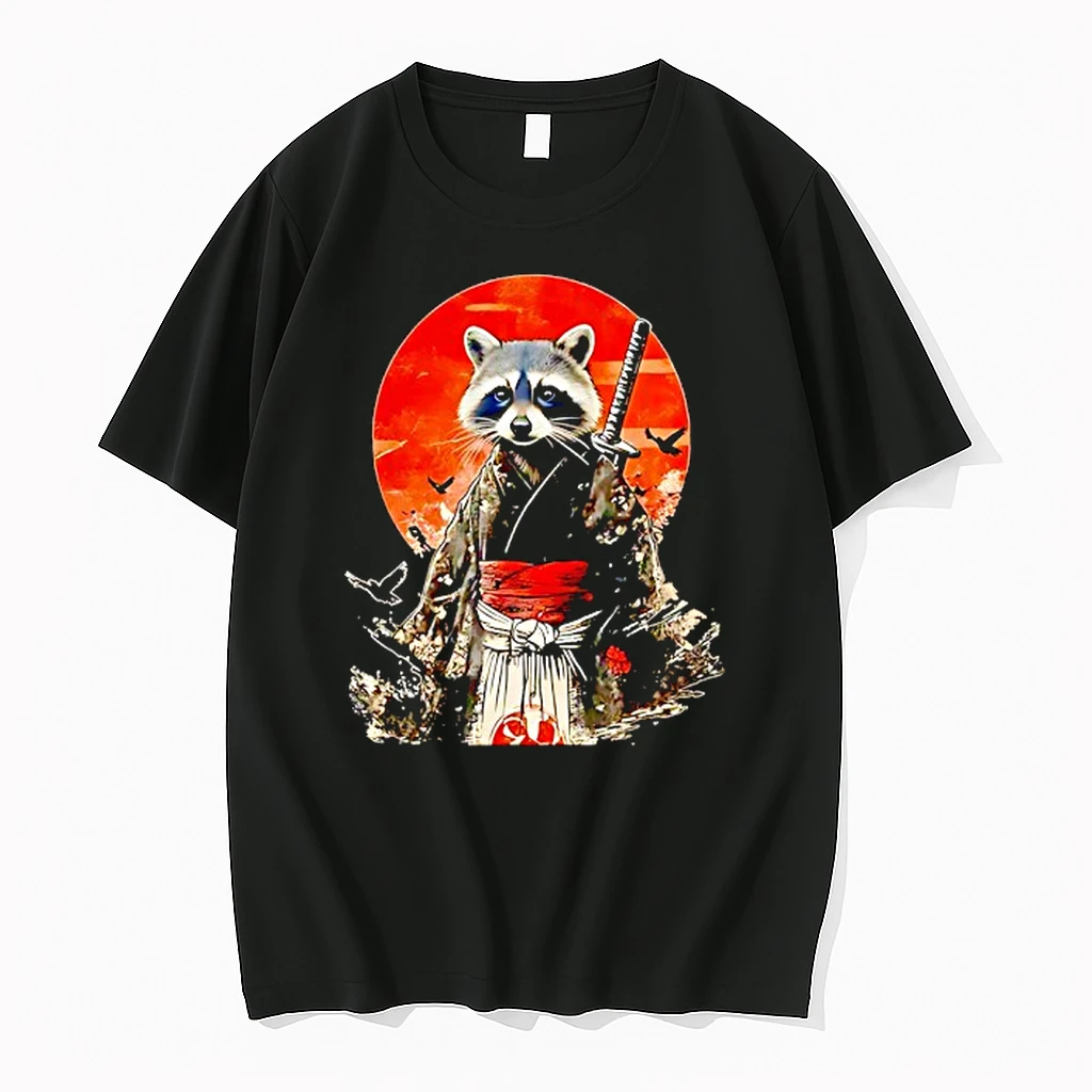 Samurai Raccoon Sun And Flowers Art Shirts