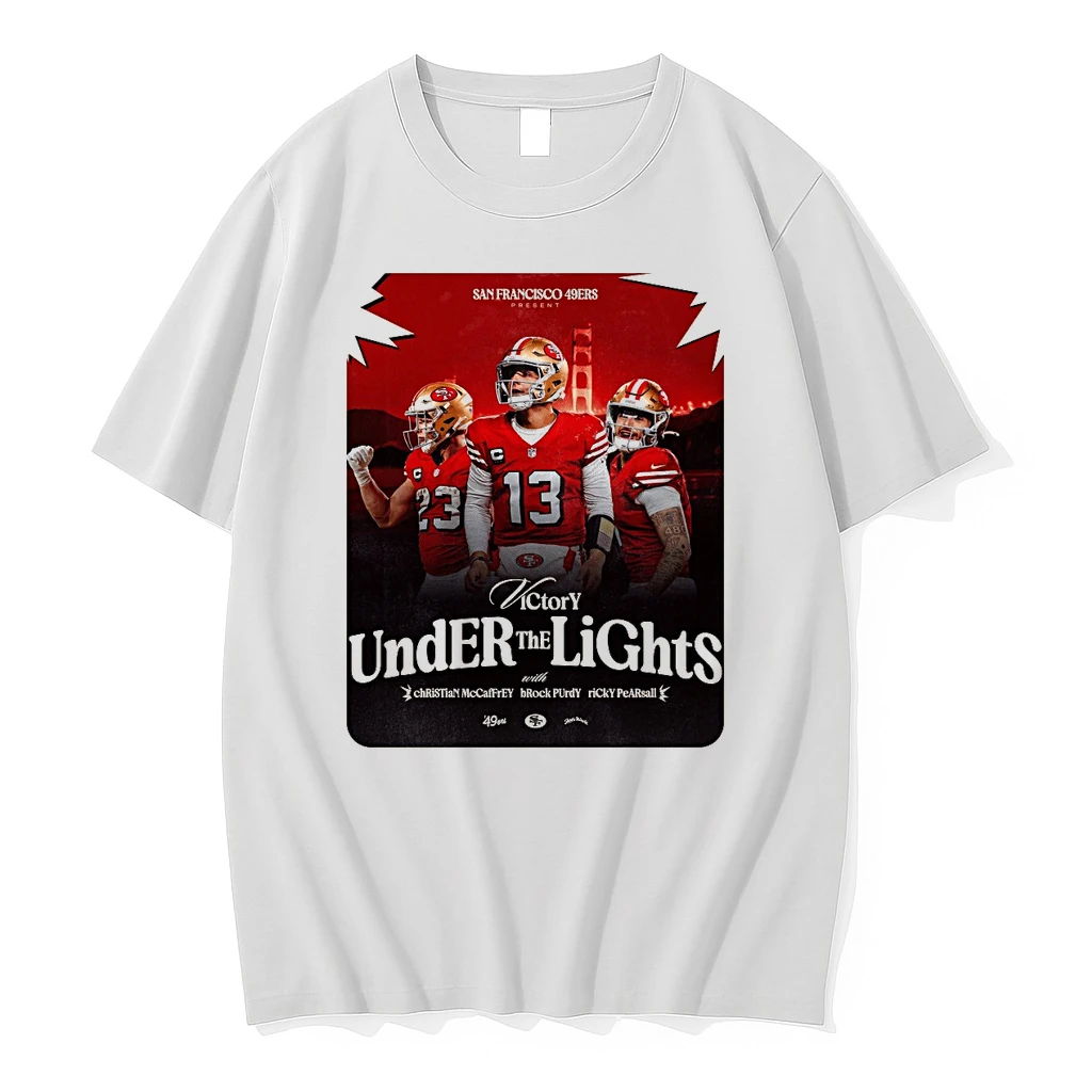 San Francisco 49ers Victory Under The Lights Christian Mccaffrey Brock Purdy And Ricky Pearsall Shirts