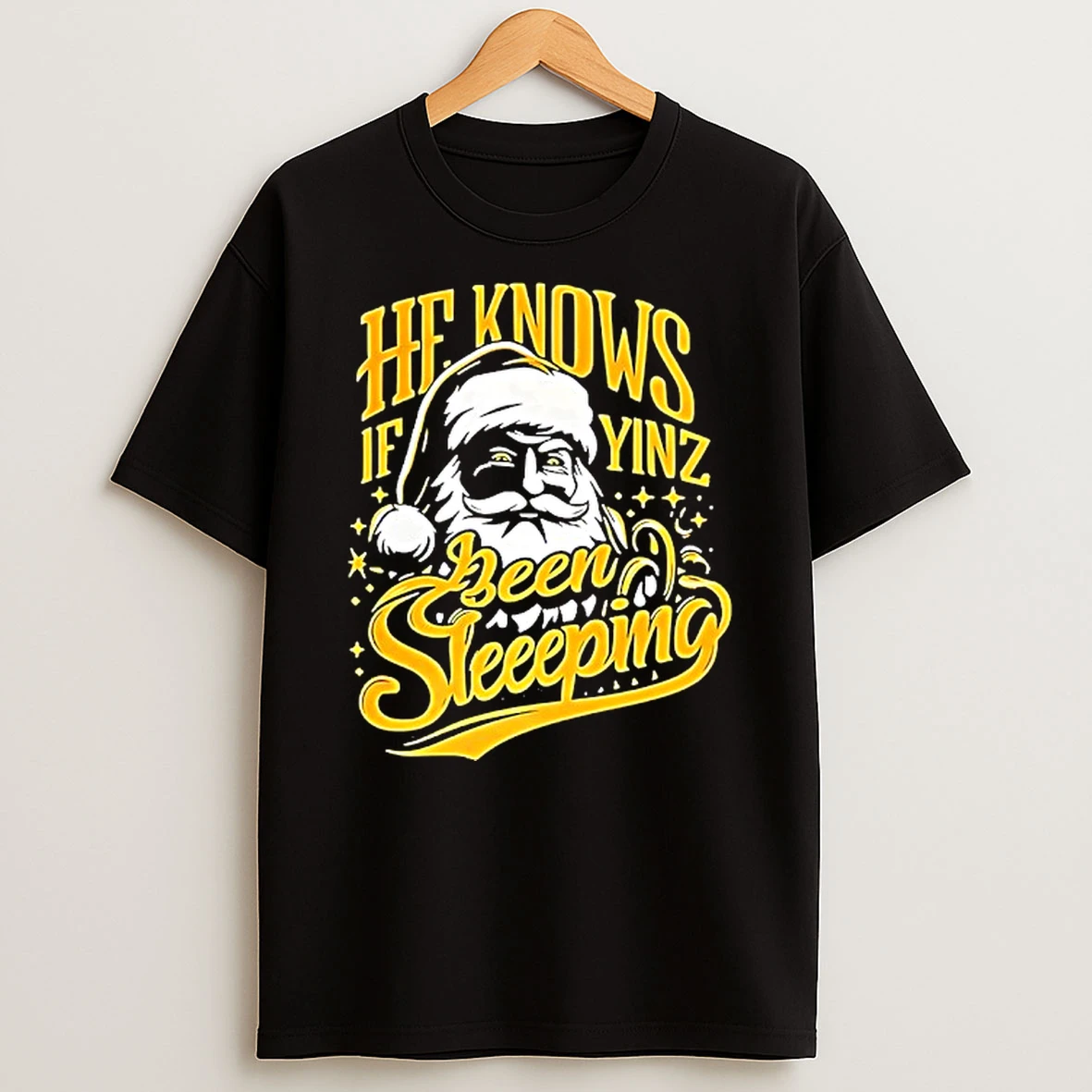 Santa He Knows If Yinz Been Sleeping Pittsburgh Steelers Christmas Shirts