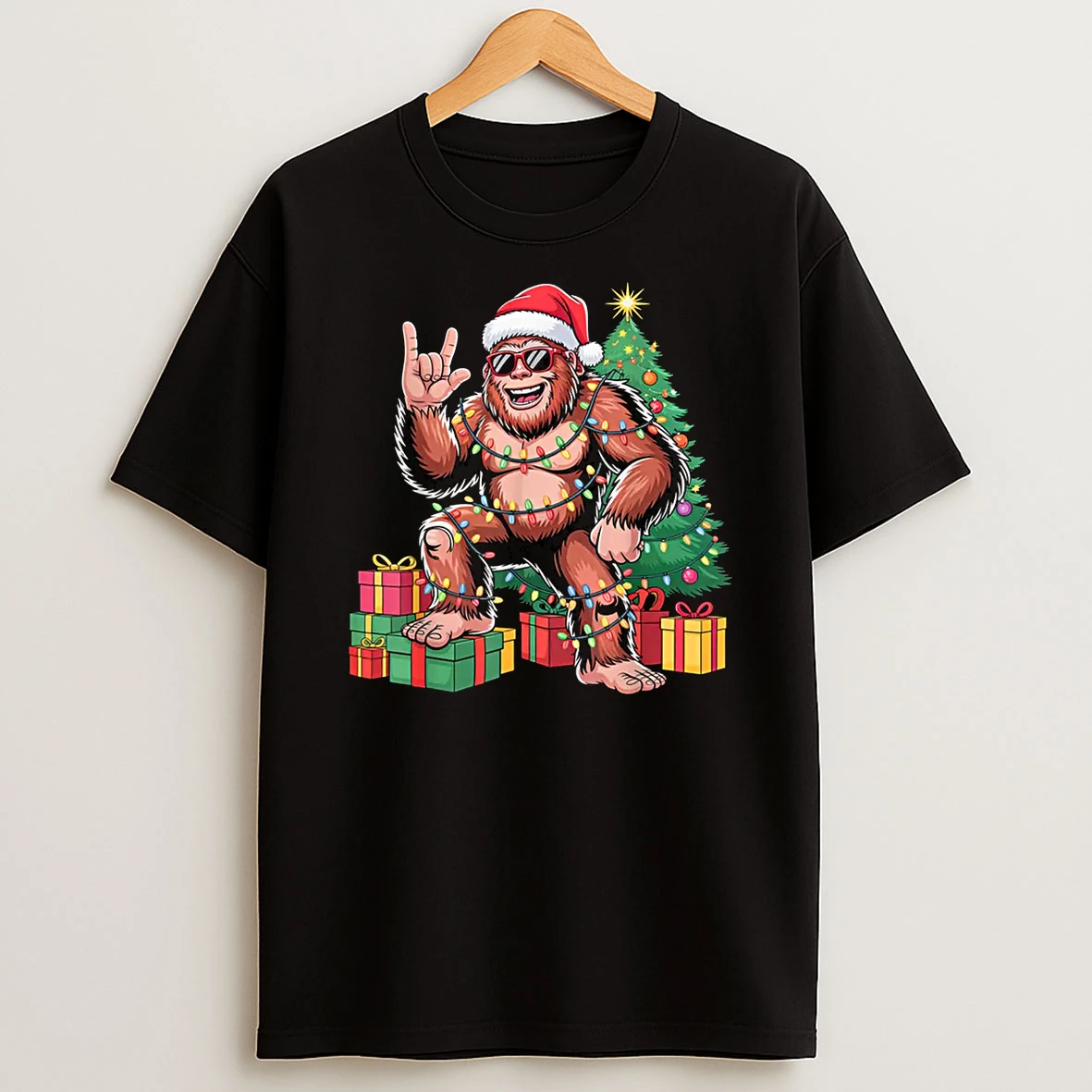 Sasquatch Christmas Tree Xmas Lights Holiday Shirts