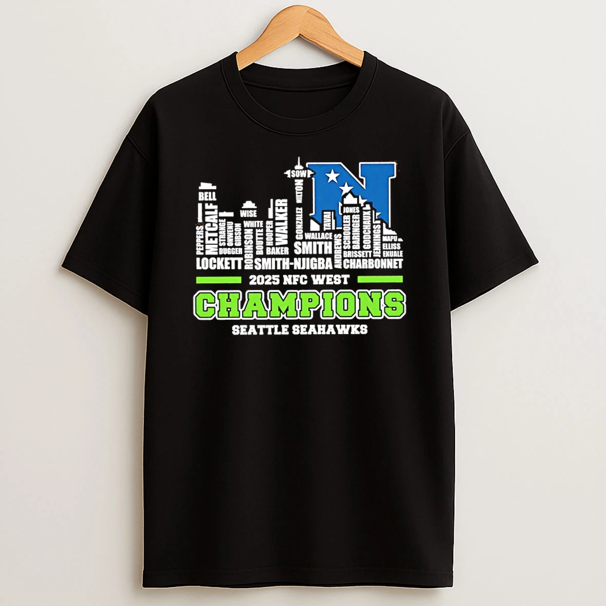 Seattle Seahawks 2025 Nfc West Champions Player Names City Skyline Shirts