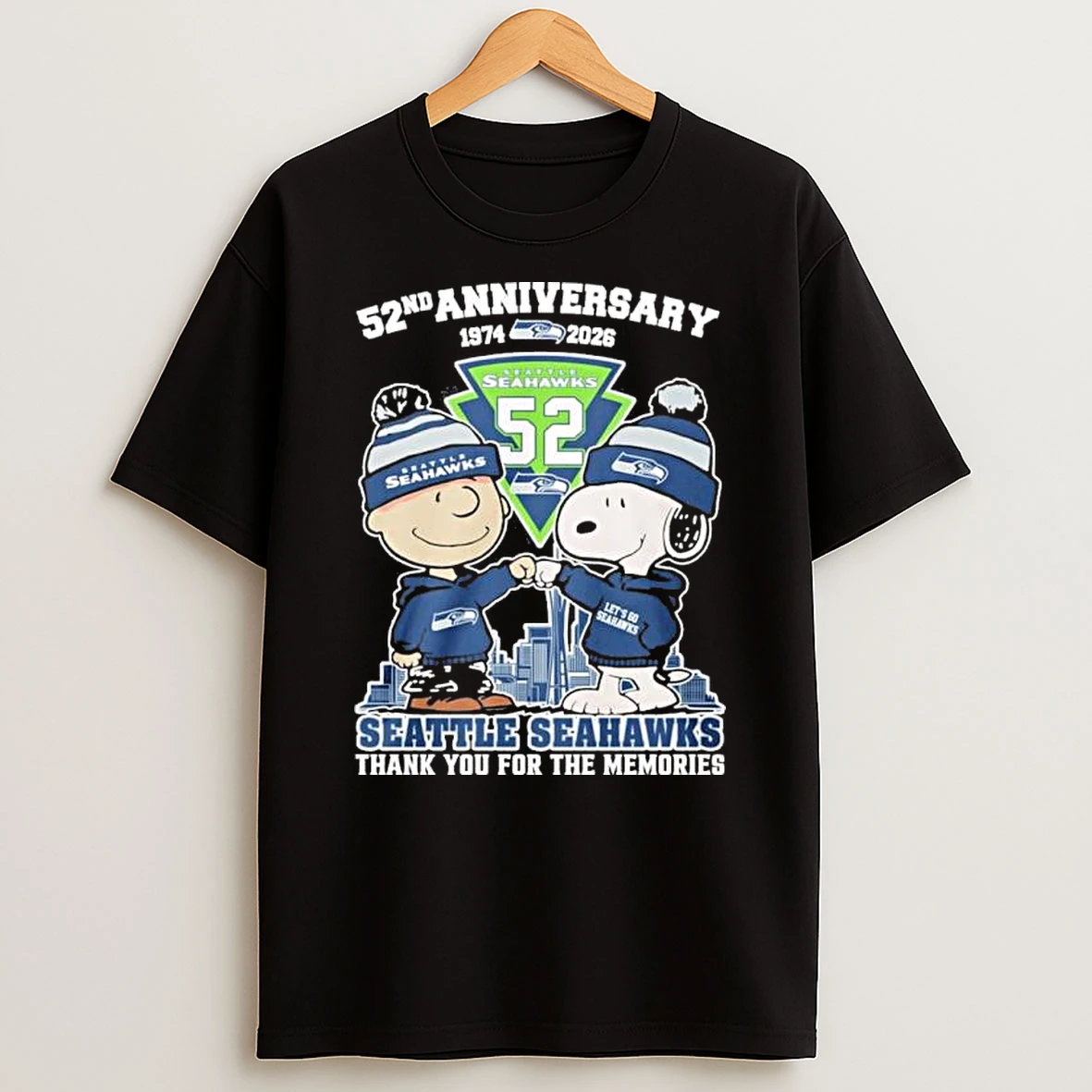 Snoopy And Charlie Brown Fist Bump X Seattle Seahawks 52nd Anniversary 1974 2026 Shirts