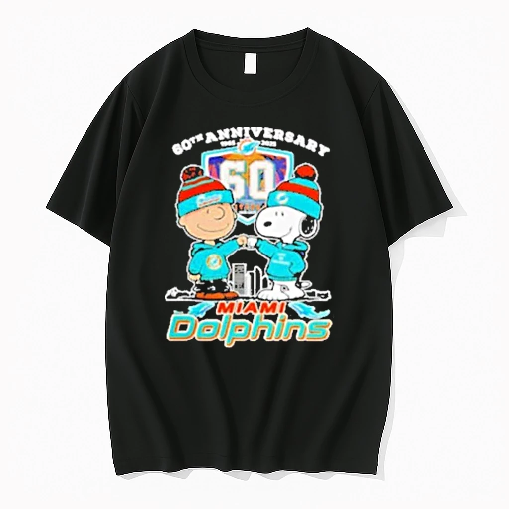 Snoopy And Charlie Brown Miami Dolphins Football 60th Anniversary 1965 2025 Shirts