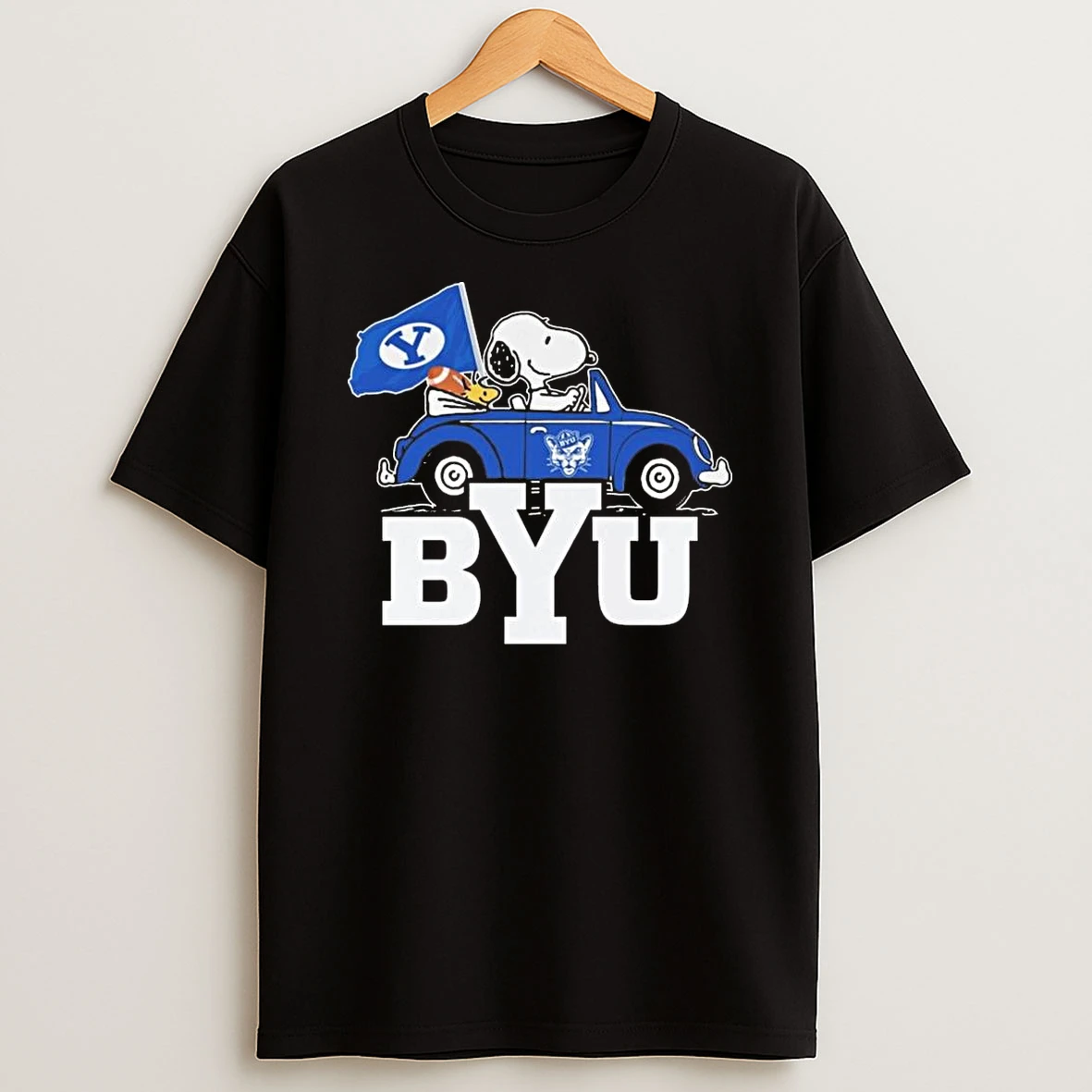 Snoopy And Woodstock Driving Car Byu Cougars Flag Shirts