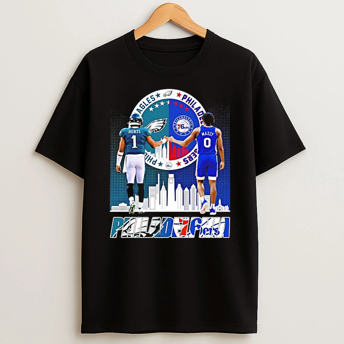 Sports In Philadelphia Jalen Hurts Eagles And Tyrese Maxey 76ers City Skyline Shirts