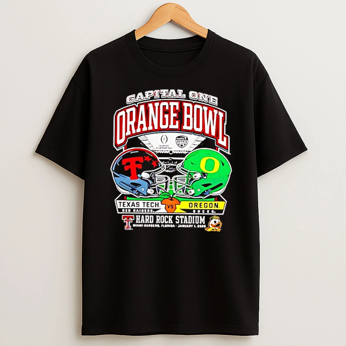Texas Tech Red Raiders Vs Oregon Ducks 2025 Orange Bowl Dueling Helmets Shirts