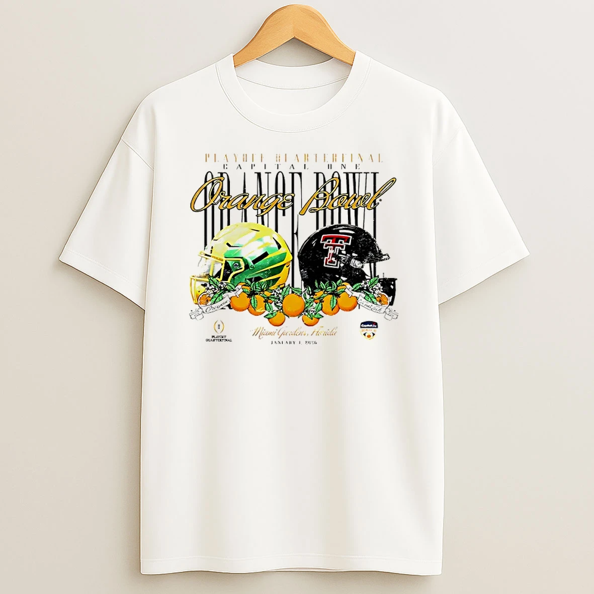 Texas Tech Red Raiders Vs Oregon Ducks 2026 Orange Bowl Helmets Shirts