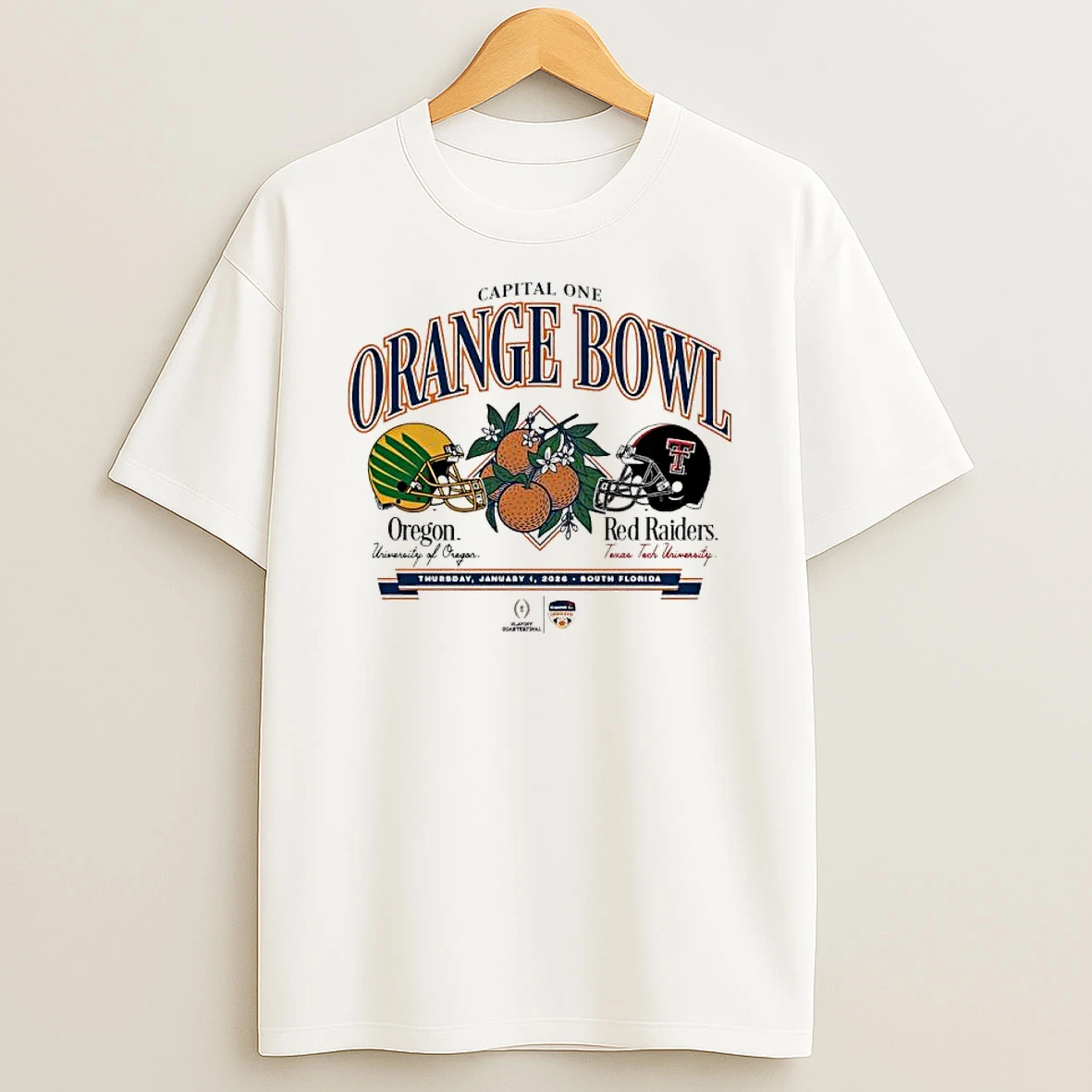 Texas Tech Red Raiders Vs Oregon Ducks 2026 Orange Bowl Helmet Shirts