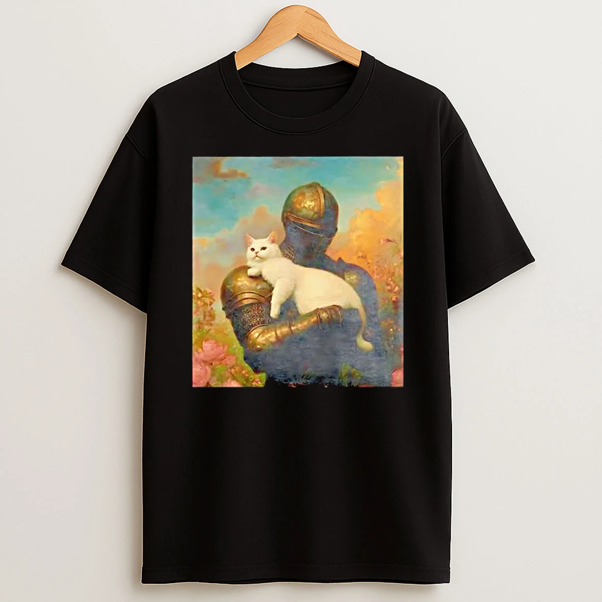 Warrior Knight Holding White Cat Behind Blue Sky Shirts