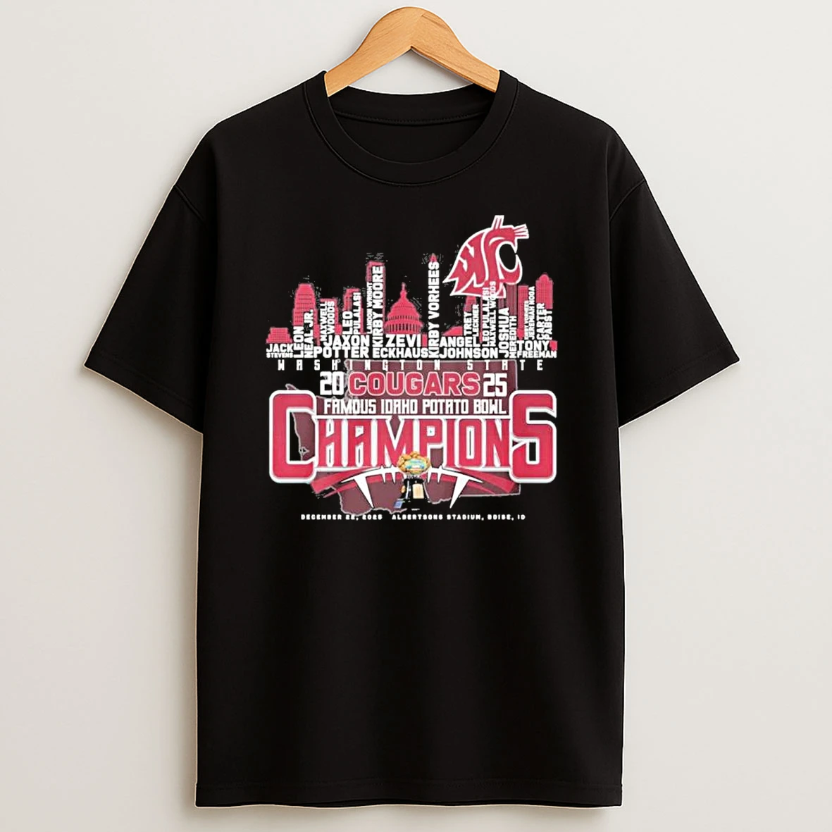 Washington State Cougars Skyline Player Names 2025 Idaho Potato Bowl Champions Shirts