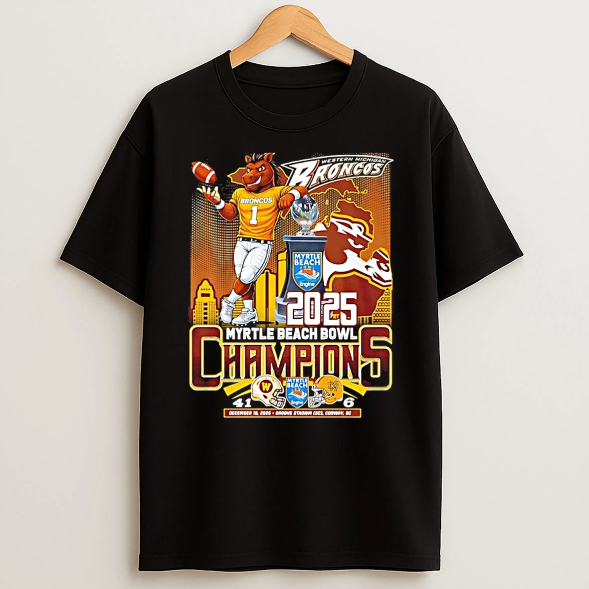 Western Michigan Broncos 2025 Myrtle Beach Bowl Champions Score Shirts