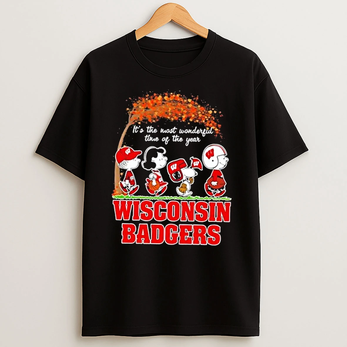 Wisconsin Badgers X Peanuts Snoopy And Friends Autumn Its The Most Wonderful Time Of The Year Shirts