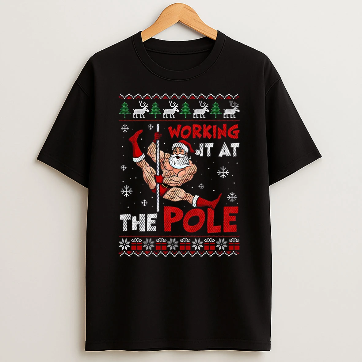 Working It At The Pole Funny Santa Dancing Ugly Christmas Shirts