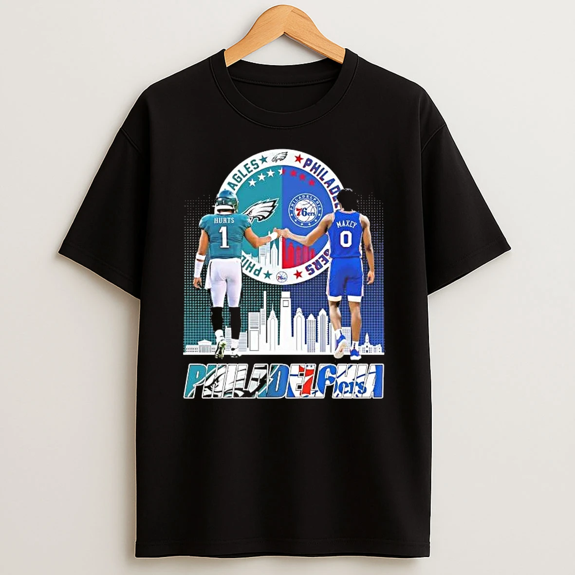 Whatwillwear Hoopoetees 20251223_095008 185_philadelphia Eagles Hurts And 76ers Maxey City Skyline Shirts