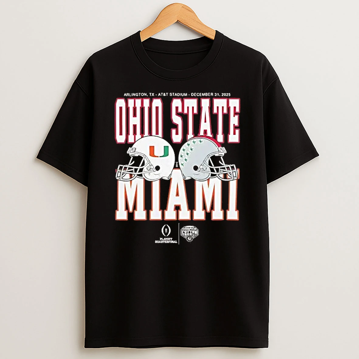 Whatwillwear Hoopoetees 20251225_094923 61_miami Hurricanes Vs Ohio State Buckeyes Cotton Bowl Classic 2025 Helmet Matchup Shirts