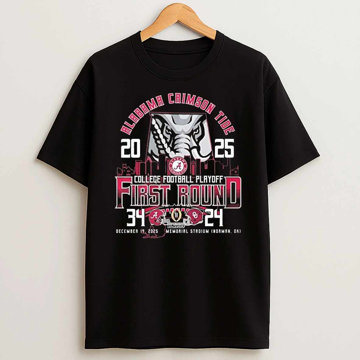 Whatwillwear Teeextra 20251222_122938 45_alabama Crimson Tide 2025 College Football Playoff First Bound 34 24 Dec 19 2025 Memorial Stadium Skyline Logo Shirts