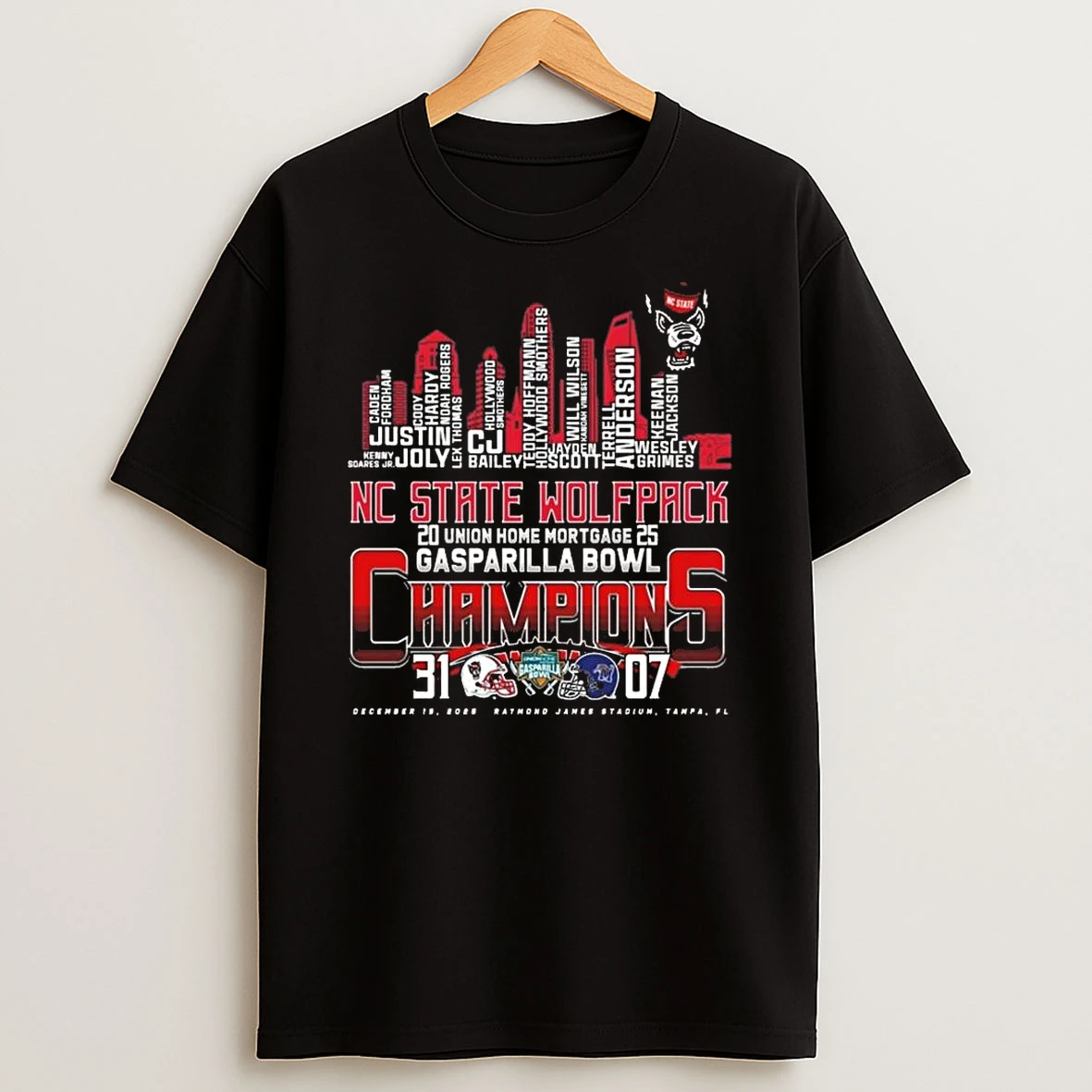 Whatwillwear Teeextra 20251222_122938 45_nc State Wolfpack 2025 Union Home Mortgage Gasparilla Bowl Champions 31 07 Skyline Names Shirts