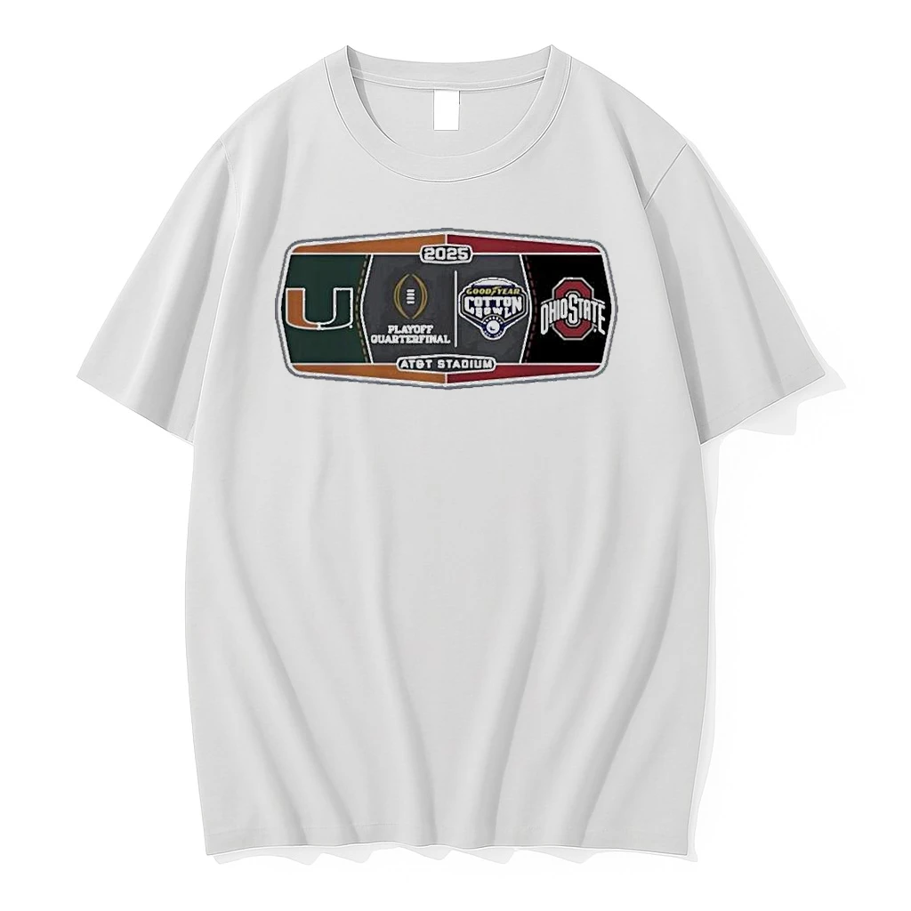 Whatwillwear Teeextra 20251222_130310 42_miami Hurricanes Vs Ohio State Buckeyes 2025 Goodyear Cotton Bowl Playoff Quarterfinal Shirts