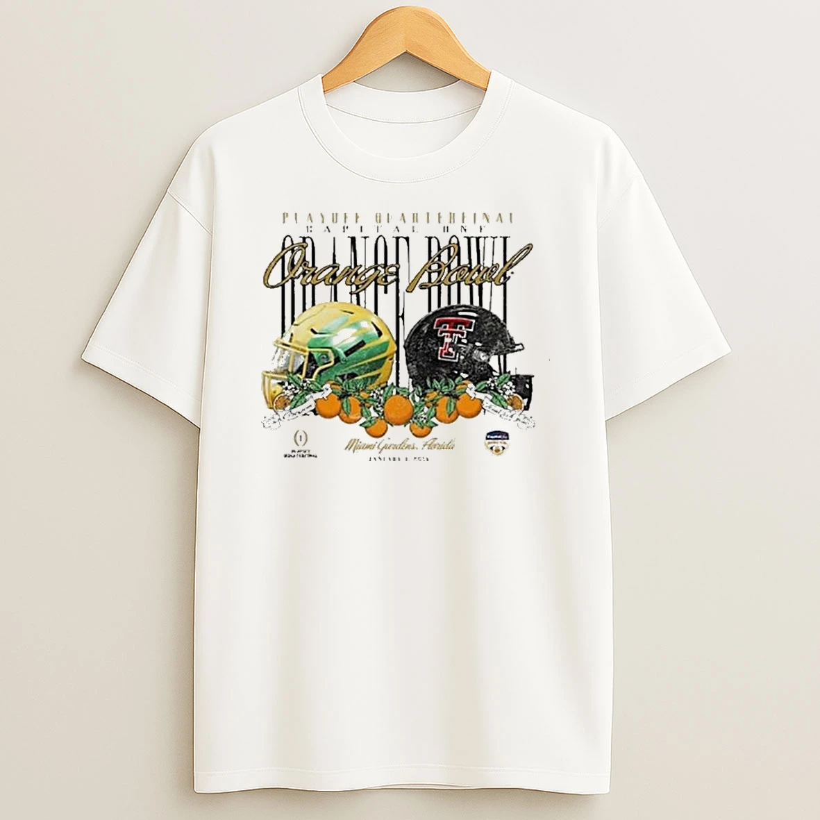 Whatwillwear Teeextra 20251222_130310 42_oregon Ducks Vs Texas Tech Red Raiders Playoff Quarterfinal Capital One Orange Bowl 2026 Miami Gardens Florida Jan 1 2026 Helmets Shirts