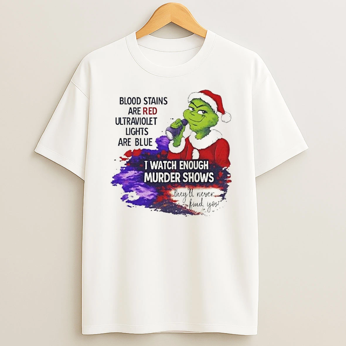 Whatwillwear Teeextra 20251223_125621 39_grinch Blood Stains Are Red Ultraviolet Light Are Blue I Watch Enough Murder Shows Shirts